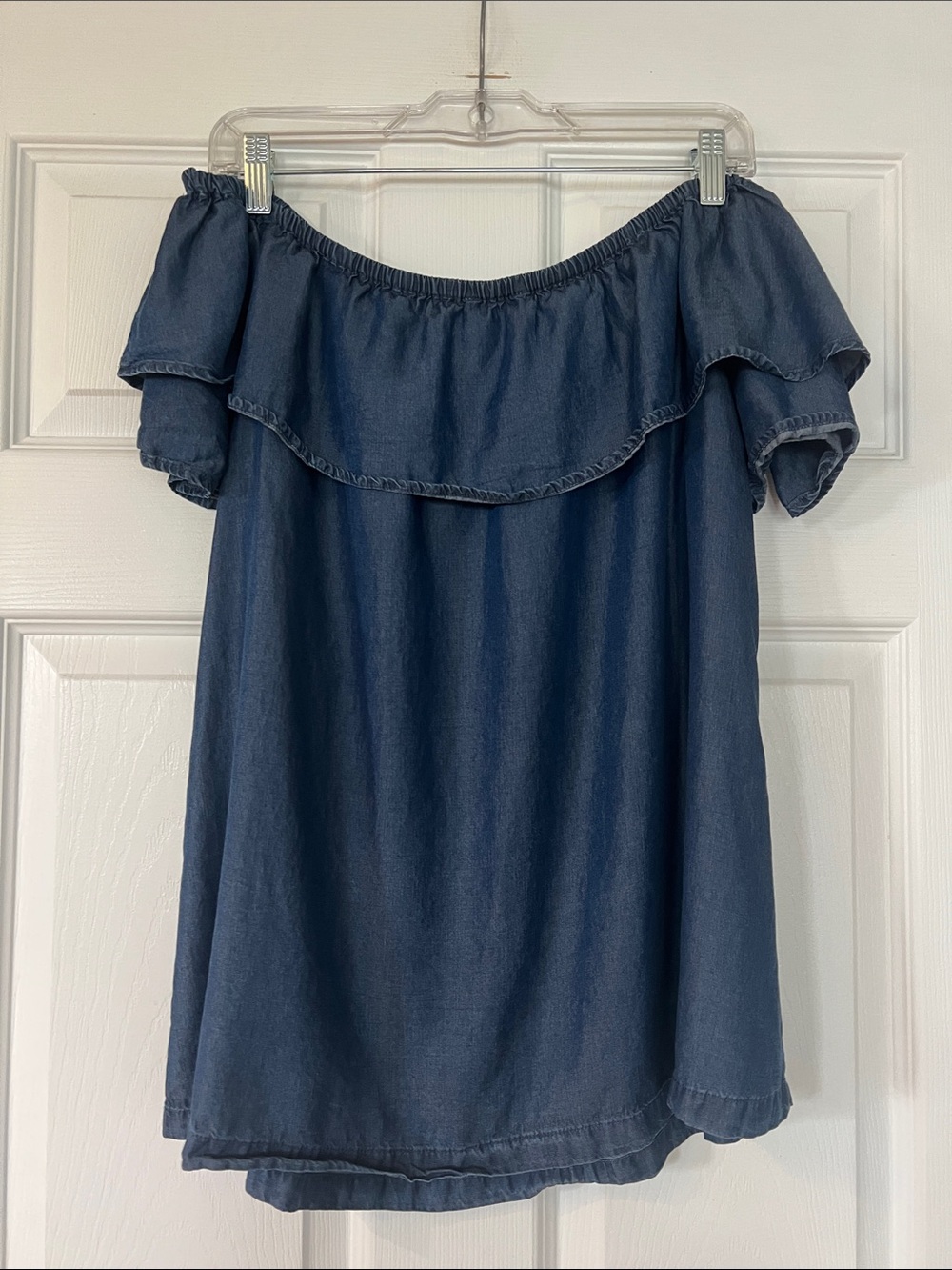 Halston Heritage Denim-Look Off-Shoulder Ruffle Top - Dark Blue